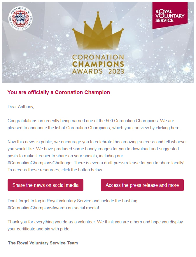 Coronation Champion Letter - Tony Gauvain